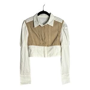 Gawqo White Long Sleeve Snap Front Blouse With Faux Camel Sweater XL